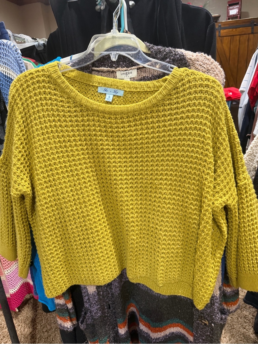 Umgee Mustard Olive Green Waffle Knit Boxy Crewneck Sweater